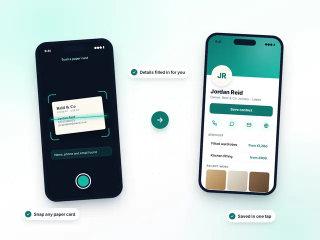 A paper business card being scanned and turned into a digital card on a phone