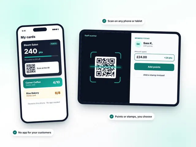 A customer's loyalty wallet on one phone and the staff scanner adding points on another