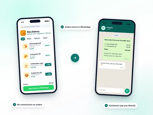 A WhatsApp store on one phone and the finished order arriving in WhatsApp on another