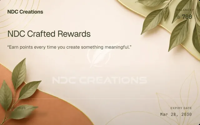 NDC Creations loyalty card on Crocadilo, with the line "Earn points every time you create something meaningful"