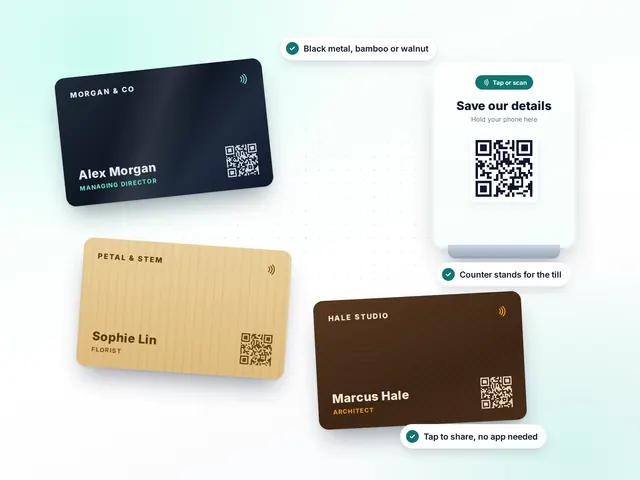 Laser-engraved NFC business cards in black metal, bamboo and walnut, with a counter tap stand