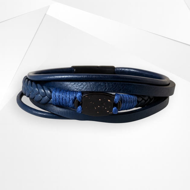 NFC Coconut Shell & PU Leather Bracelet – Titanium Steel Edition (Blue)