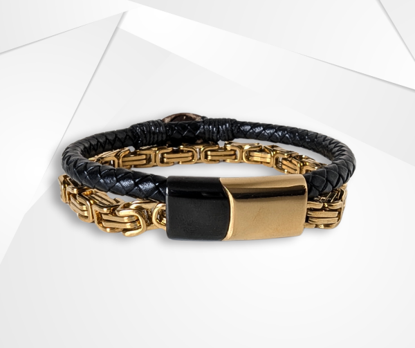 NFC Coconut Shell, Leather & Stainless Steel Bracelet – Dual Chain Edition - Image 2