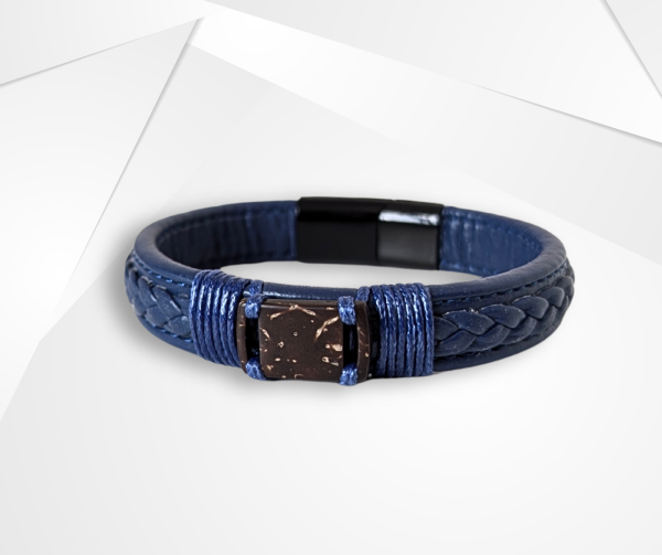 NFC Coconut Shell & PU Leather Bracelet – Alloy Edition (Blue)