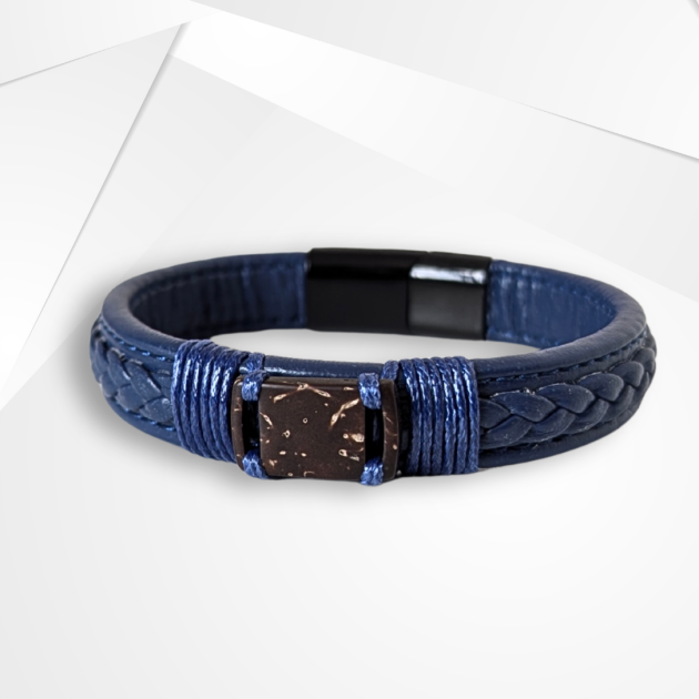 NFC Coconut Shell & PU Leather Bracelet – Alloy Edition (Blue)