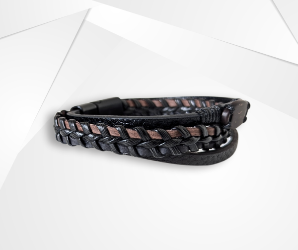 NFC Coconut Shell & Synthetic Leather Bracelet – UV-Plated Edition (Two-Tone Weave) - Image 2