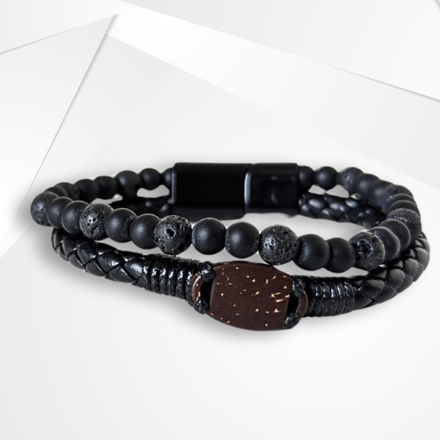 NFC Coconut Shell, Leather & Tiger Eye Bead Bracelet – Stainless Steel Edition