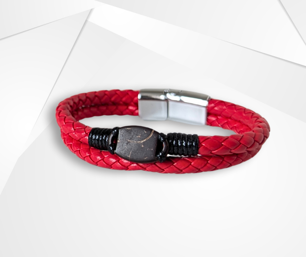 NFC Coconut Shell & PU Leather Bracelet – Stainless Steel Edition (Red)