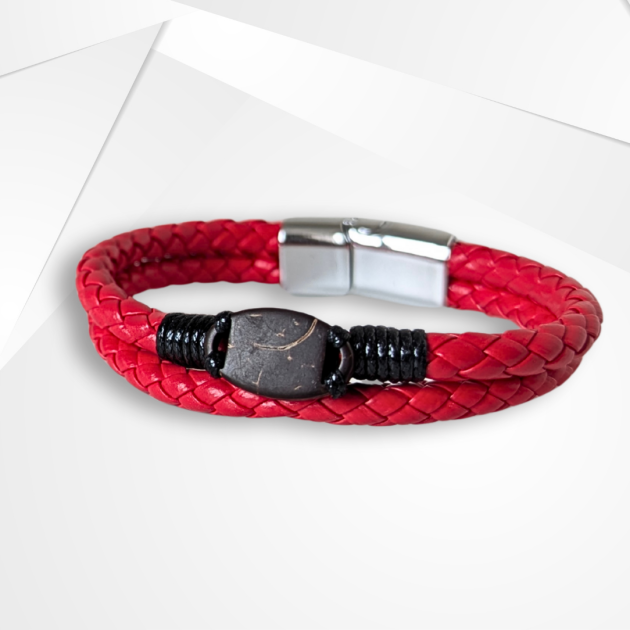 NFC Coconut Shell & PU Leather Bracelet – Stainless Steel Edition (Red)