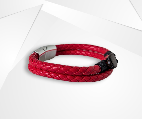 NFC Coconut Shell & PU Leather Bracelet – Stainless Steel Edition (Red) - Image 2