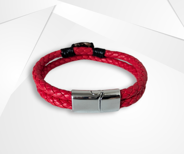 NFC Coconut Shell & PU Leather Bracelet – Stainless Steel Edition (Red) - Image 3