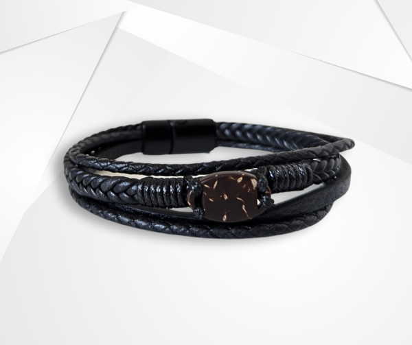 NFC Coconut Shell & Black Multi-Strand Leather Bracelet – Wrap Edition