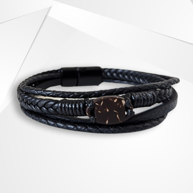 NFC Coconut Shell & Black Multi-Strand Leather Bracelet – Wrap Edition