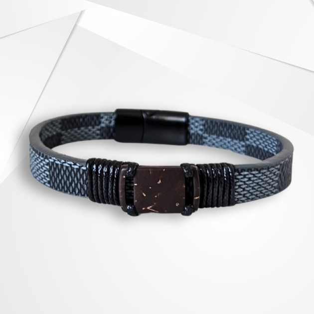 NFC Coconut Shell & Blue Patterned Leather Bracelet – Modern Edition