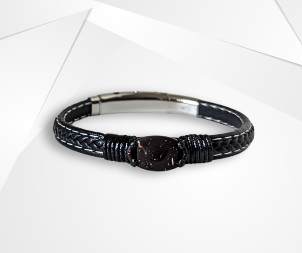 NFC Coconut Shell & Genuine Leather Bracelet – Stainless Adjustable Edition