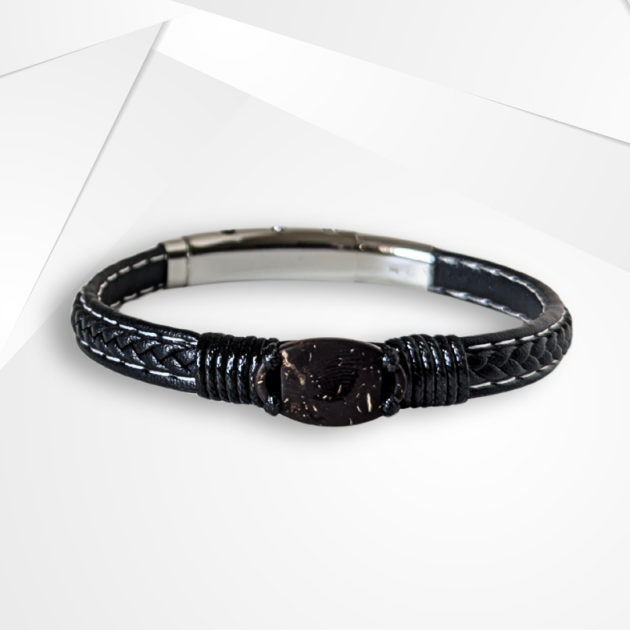 NFC Coconut Shell & Genuine Leather Bracelet – Stainless Adjustable Edition
