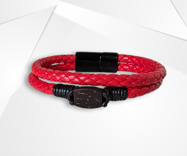 NFC Coconut Shell & Red Leather Bracelet – Bold Edition