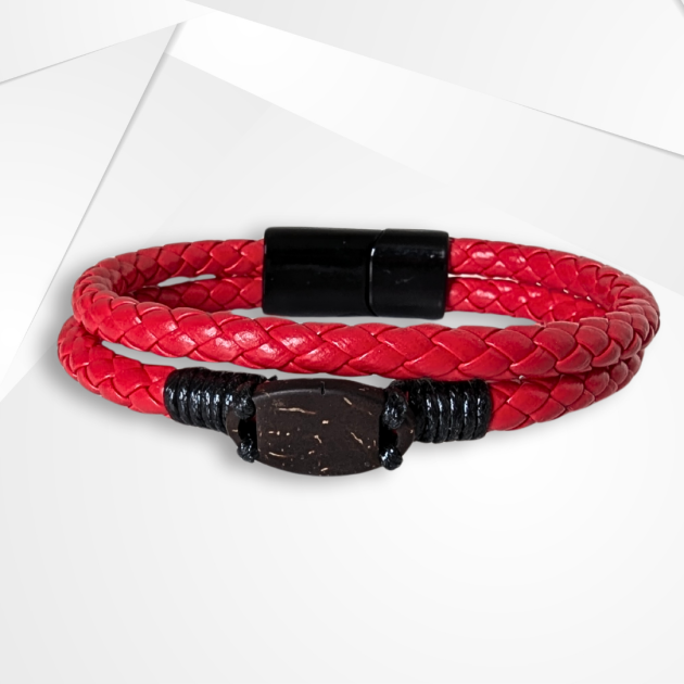 NFC Coconut Shell & Red Leather Bracelet – Bold Edition