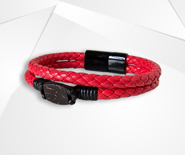 NFC Coconut Shell & Red Leather Bracelet – Bold Edition - Image 2