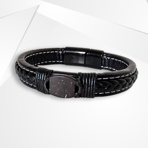NFC Coconut Shell & Black Leather Bracelet – Braided Edition