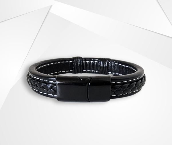 NFC Coconut Shell & Black Leather Bracelet – Braided Edition - Image 2