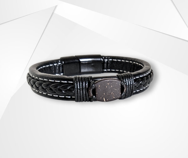 NFC Coconut Shell & Black Leather Bracelet – Braided Edition - Image 3