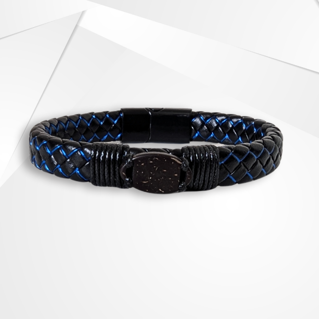 NFC Coconut Shell & Cowhide Bracelet – Modern Blue