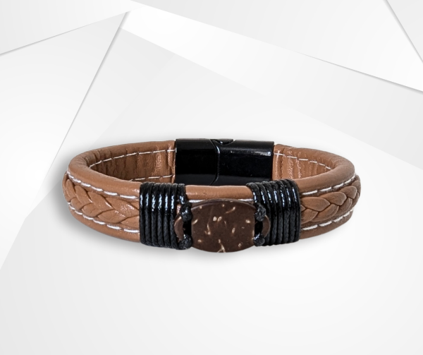 NFC Coconut Shell & PU Leather Bracelet – Alloy Edition (Tan with White Stitching)