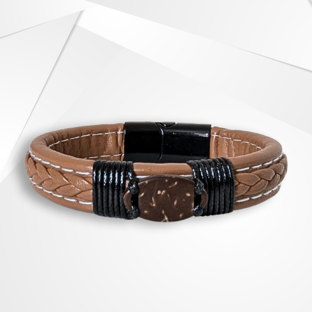 NFC Coconut Shell & PU Leather Bracelet – Alloy Edition (Tan with White Stitching)