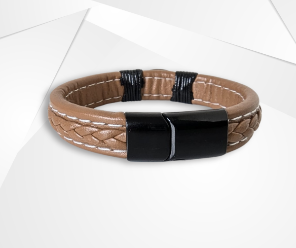 NFC Coconut Shell & PU Leather Bracelet – Alloy Edition (Tan with White Stitching) - Image 2