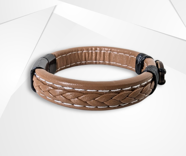 NFC Coconut Shell & PU Leather Bracelet – Alloy Edition (Tan with White Stitching) - Image 3