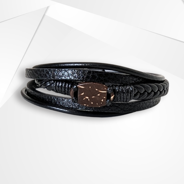 NFC Coconut Shell & PU Leather Bracelet – Titanium Steel Edition (Multi-Strand)