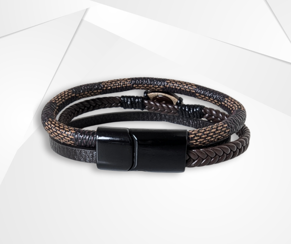 NFC Coconut Shell & Dual-Layer Leather Bracelet – Titanium Steel Edition (Dark Brown) - Image 2