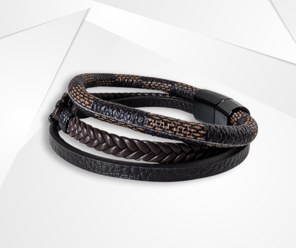 NFC Coconut Shell & Dual-Layer Leather Bracelet – Titanium Steel Edition (Dark Brown) - Image 3