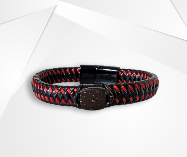 NFC Coconut Shell & Cowhide Leather Bracelet – Alloy Edition (Black/Red Weave)