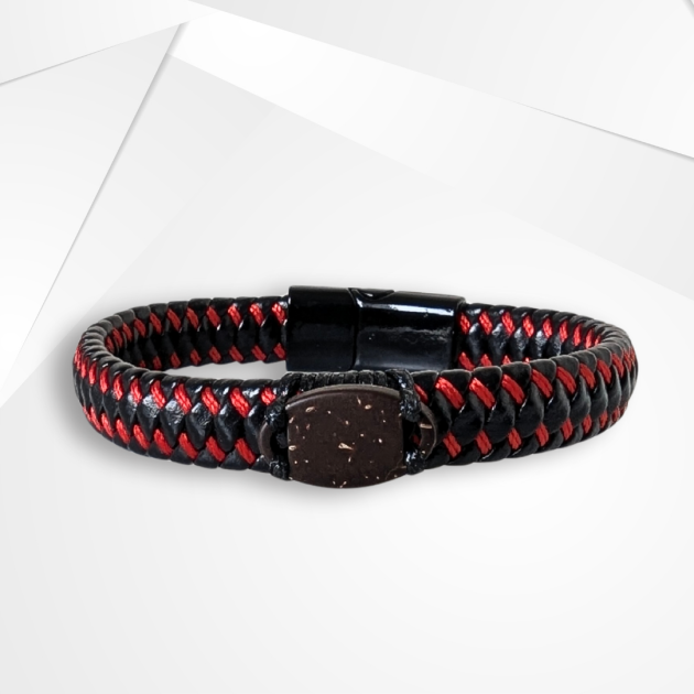 NFC Coconut Shell & Cowhide Leather Bracelet – Alloy Edition (Black/Red Weave)