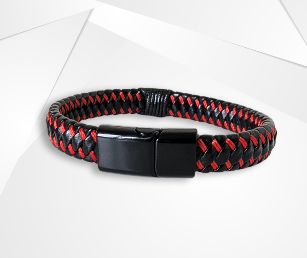 NFC Coconut Shell & Cowhide Leather Bracelet – Alloy Edition (Black/Red Weave) - Image 2