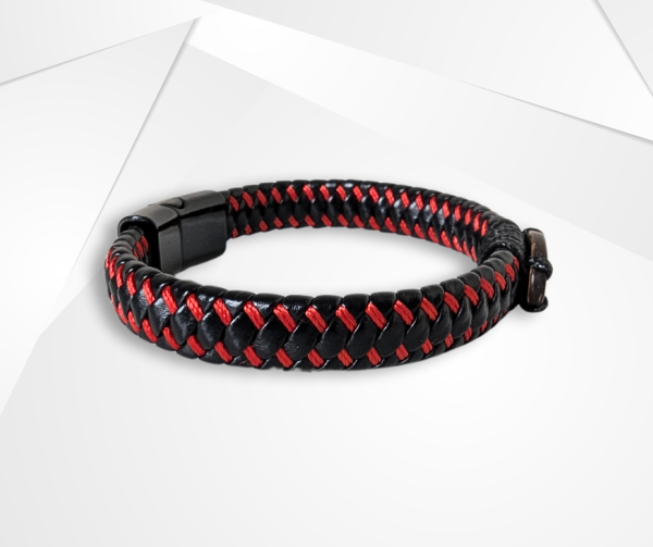 NFC Coconut Shell & Cowhide Leather Bracelet – Alloy Edition (Black/Red Weave) - Image 3