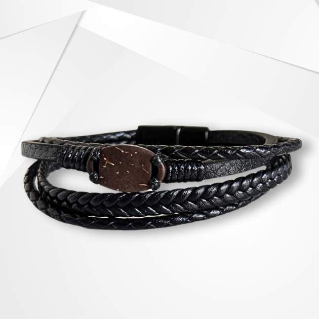 NFC Coconut Shell & PU Leather Bracelet – Alloy Edition (Classic Black)