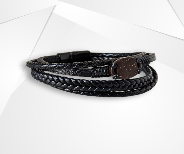NFC Coconut Shell & PU Leather Bracelet – Alloy Edition (Classic Black) - Image 2