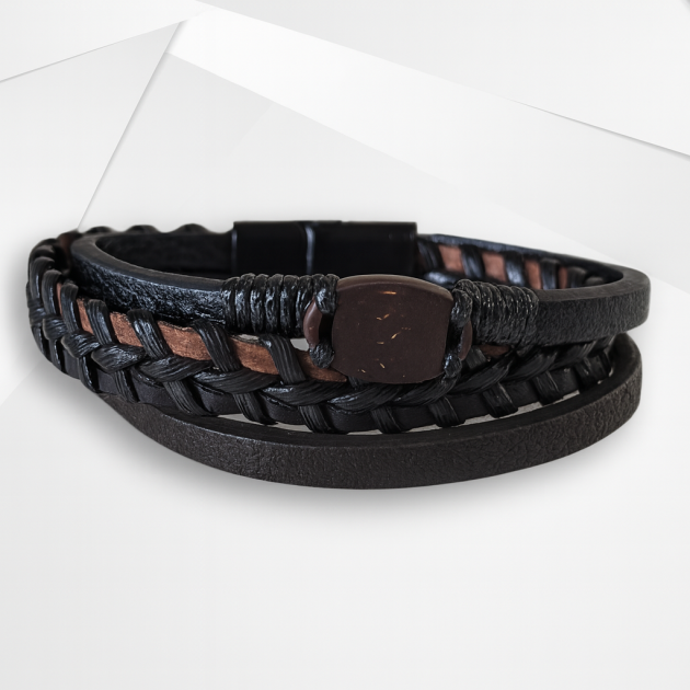 NFC Coconut Shell & Synthetic Leather Bracelet – UV-Plated Edition (Two-Tone Weave)