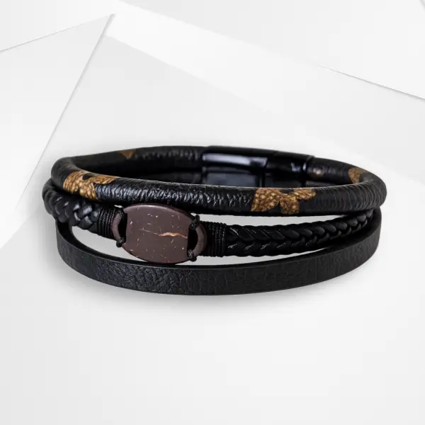 NFC Coconut Shell & Dual-Layer Leather Bracelet – Titanium Steel Edition