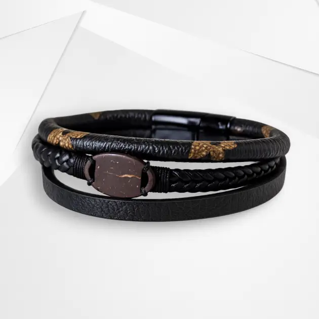 NFC Coconut Shell & Dual-Layer Leather Bracelet – Titanium Steel Edition
