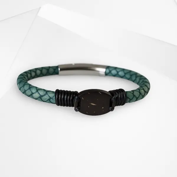 NFC Coconut Shell & Genuine Leather Bracelet – Adjustable Stainless Steel Edition