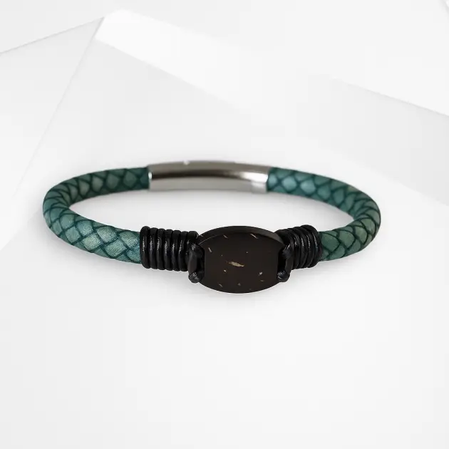 NFC Coconut Shell & Genuine Leather Bracelet – Adjustable Stainless Steel Edition