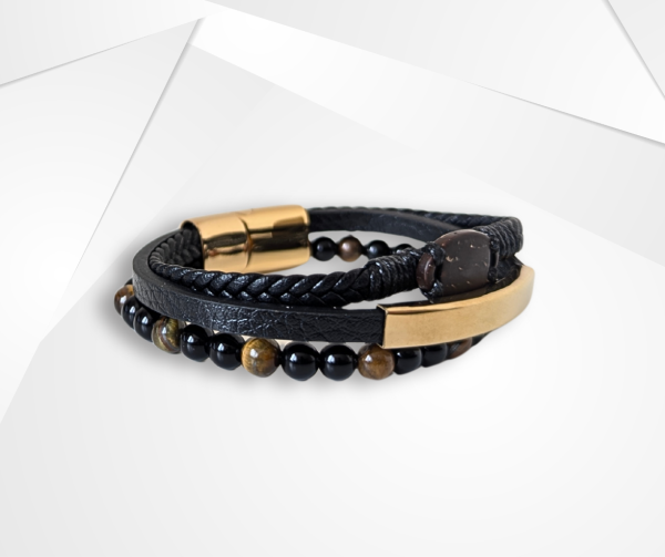 NFC Coconut Shell, Leather & Tiger Eye Bead Bracelet – Stainless Steel Edition - Image 2