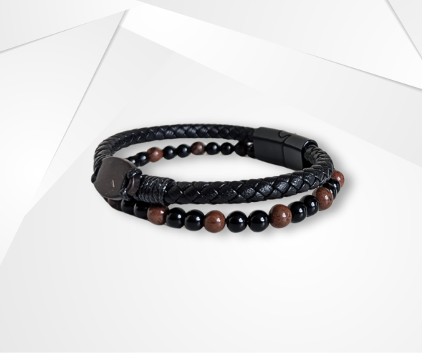 NFC Coconut Shell, Leather & Tiger Eye Bead Bracelet – Alloy Edition - Image 2