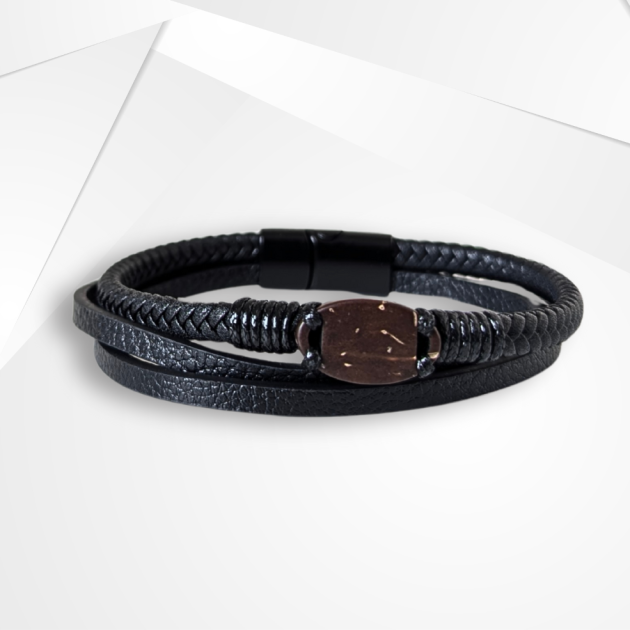NFC Coconut Shell & PU Leather Bracelet – UV-Plated Edition