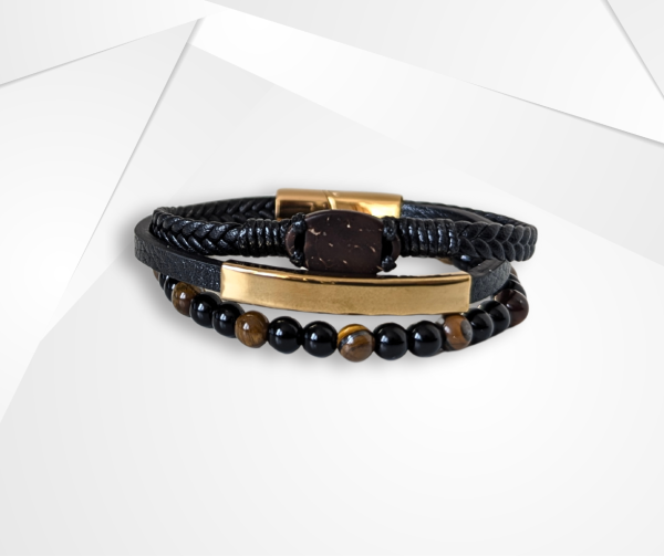 NFC Coconut Shell, Leather & Tiger Eye Bead Bracelet – Stainless Steel Edition