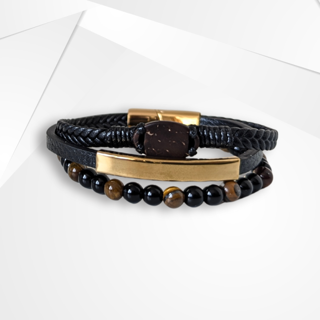 NFC Coconut Shell, Leather & Tiger Eye Bead Bracelet – Stainless Steel Edition